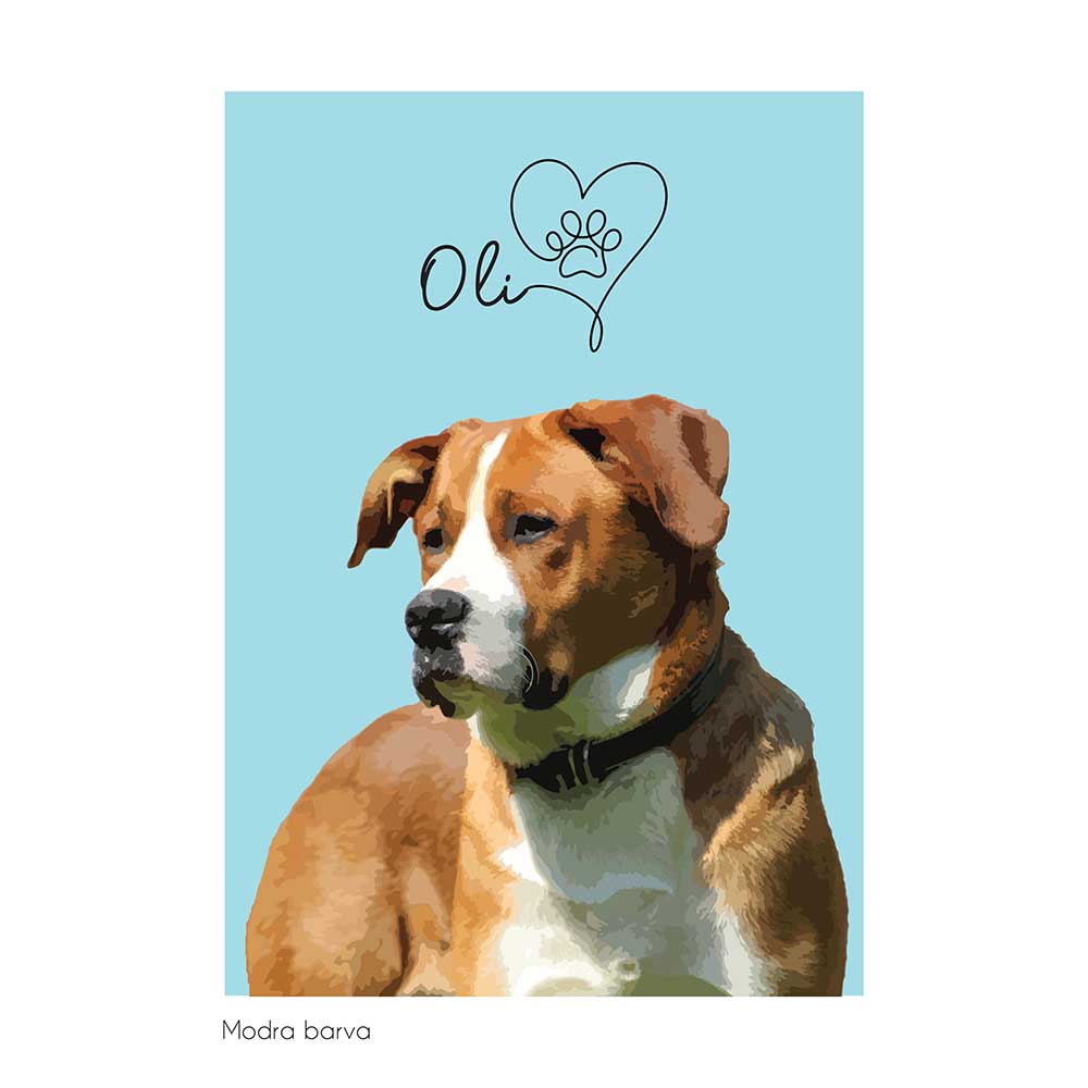 Pasji portret s tačko v srcu v zgornjem delu slike v modri pastelni barvi.