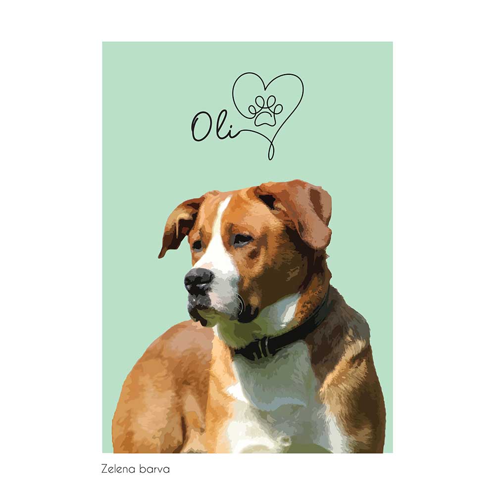 Pasji portret s tačko v srcu v zgornjem delu slike v zeleni pastelni barvi.
